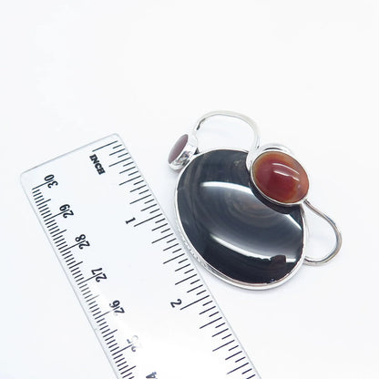 925 Sterling Silver Vintage Real Carnelian & Black Agate Gemstone Pin Brooch