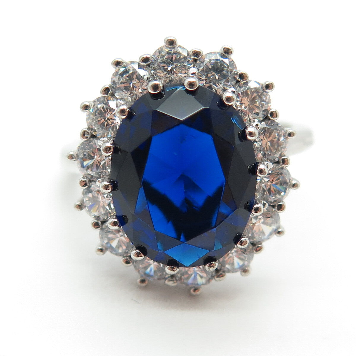 925 Sterling Silver Oval-Cut Blue & Round-Cut White C Z Ring Size 10
