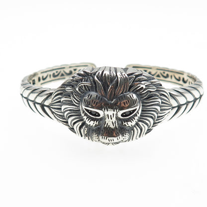 925 Sterling Vintage Real Black Spinel Lion Oxidized Adjustable Bracelet 7.25"