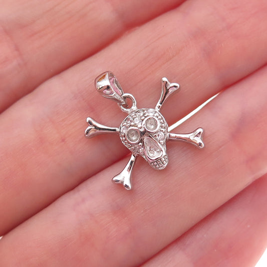 925 Sterling Silver Round-Cut C Z Skull & Crossbones Charm Pendant