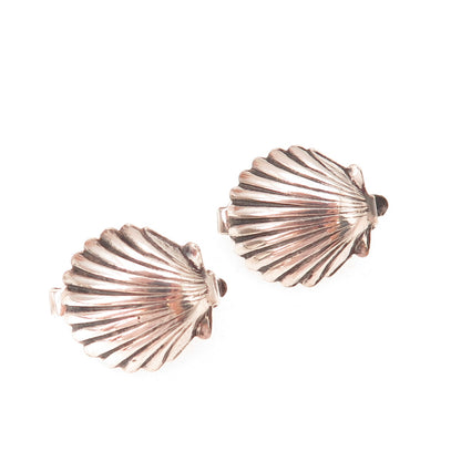 925 Sterling Silver Antique Art Deco Seashell Oxidized Clip On Earrings