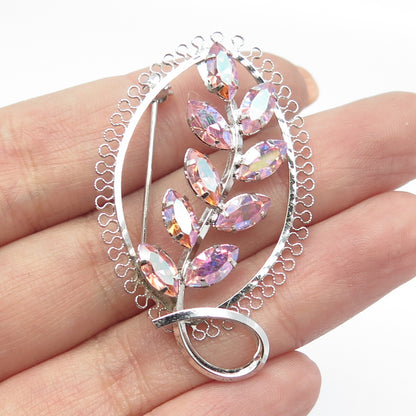 STAR-ART 925 Sterling Silver Antique Art Deco Pink Rhinestone Pin Brooch