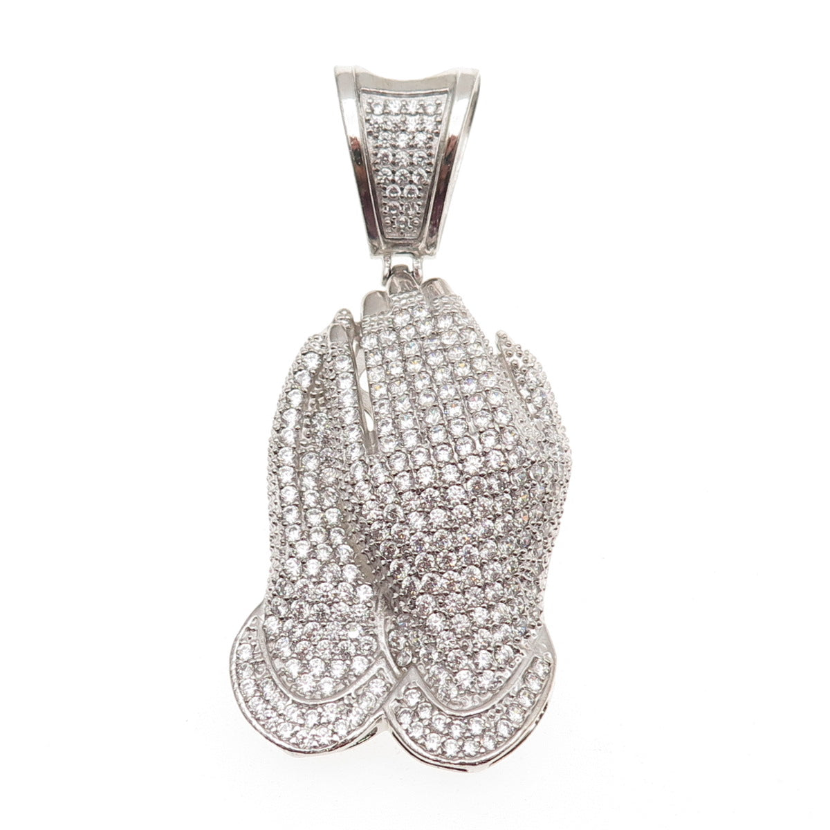 925 Sterling Silver Round-Cut C Z Prayer Hands Pendant