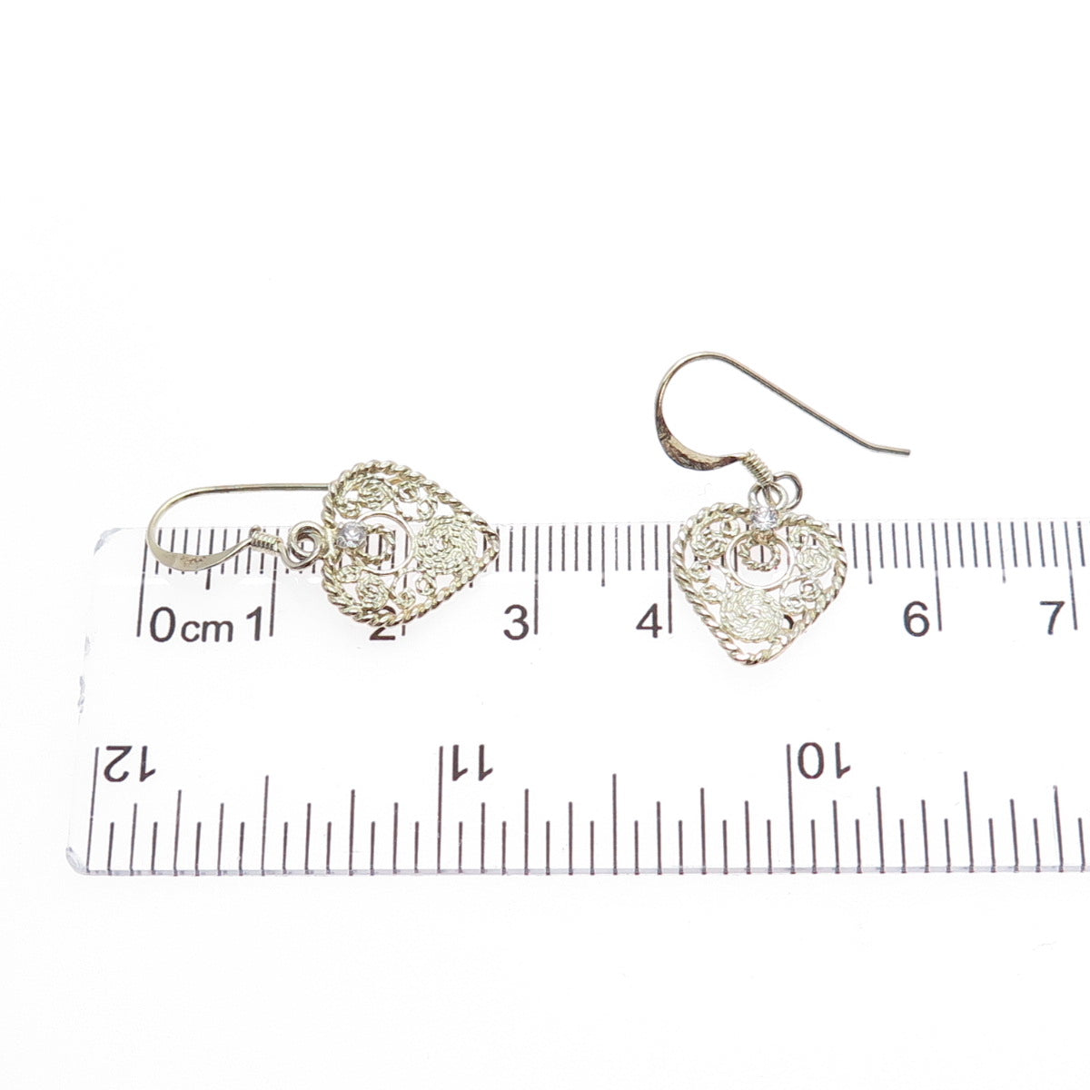 925 Sterling Silver Gold Plated Vintage Round-Cut C Z Heart Dangle Earrings