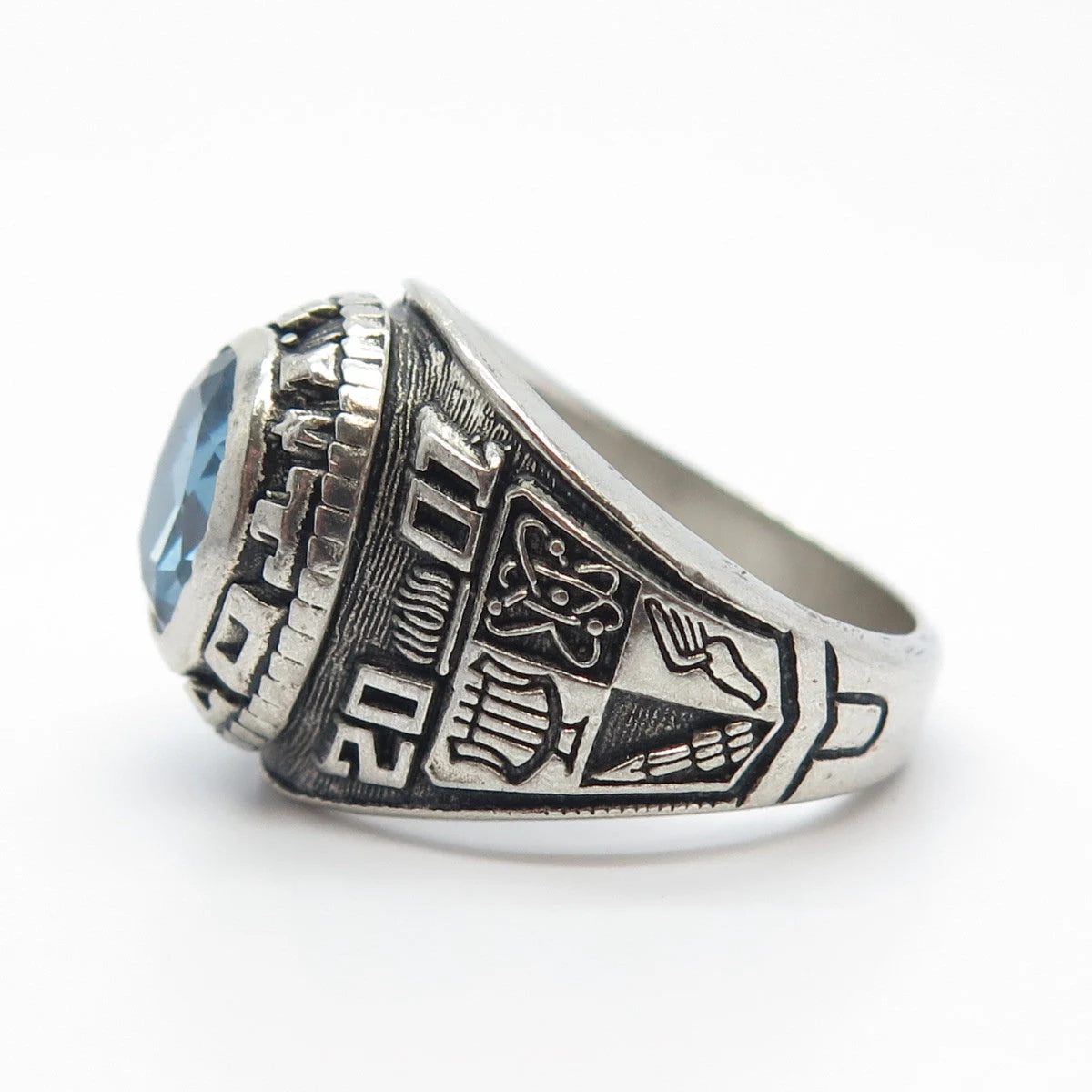 925 Sterling Silver Vintage REED Blue Glass School Ring Size 7.25