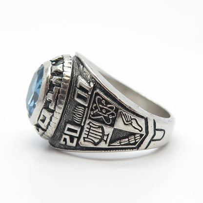 925 Sterling Silver Vintage REED Blue Glass School Ring Size 7.25