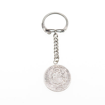 925 Sterling & 900 Coin Silver Antique 1888 Peru 1/5 Sol Key Fob Chain