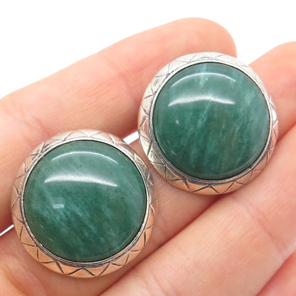 925 Sterling Silver Vintage Real Cabochon Aventurine Modernist Oxidized Earrings