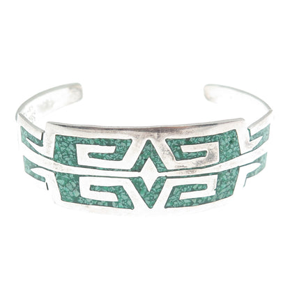 925 Sterling Silver Vintage Mexico Real Turquoise Inlay Adjustable Bracelet 6.5"