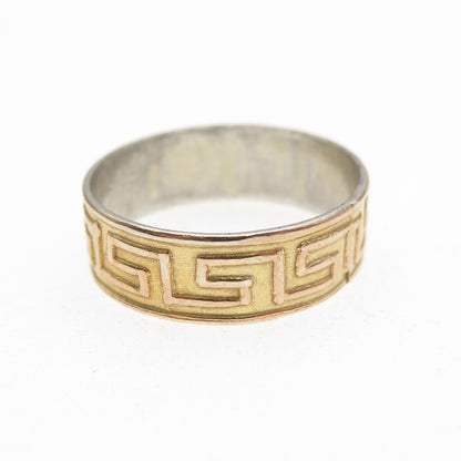 925 Sterling Silver 18K Gold Vintage Greek Key Band Ring Size 6.75