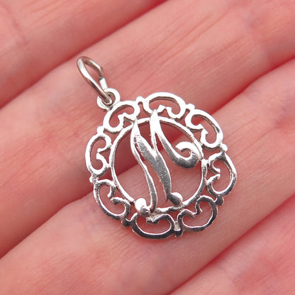 925 Sterling Silver Vintage Letter M initial Heart Ornate Mini Charm Pendant