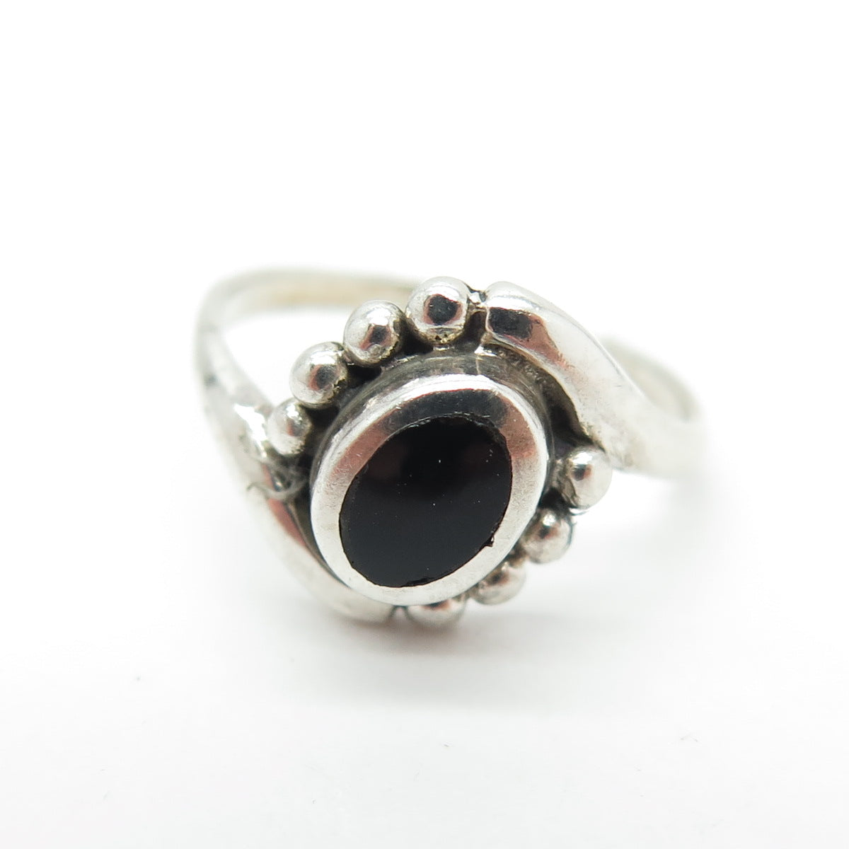 925 Sterling Silver Vintage Real Black Onyx Granulated Bypass Ring Size 5