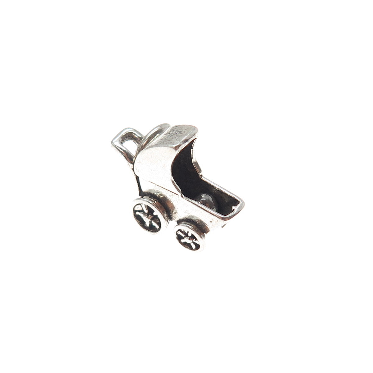 925 Sterling Silver Vintage Baby Stroller Minimalist 3D Charm Pendant