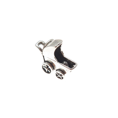 925 Sterling Silver Vintage Baby Stroller Minimalist 3D Charm Pendant