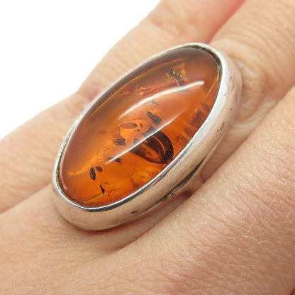 925 Sterling Silver Vintage European Real Amber Ring Size 5.25