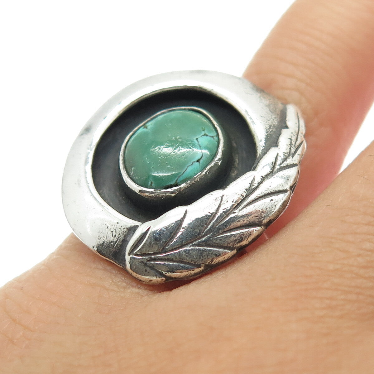 Old Pawn 925 Sterling Silver Vintage Royston Turquoise Feather Ring Size 5.5