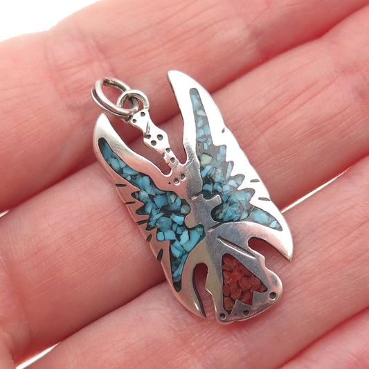 Old Pawn 925 Sterling Silver Vintage Turquoise & Coral Inlay Peyote Bird Pendant