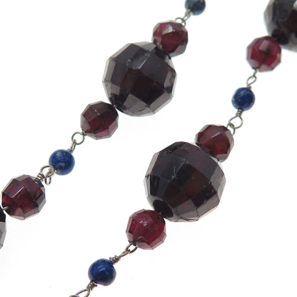 925 Sterling Silver Vintage Real Red Garnet & Lapis Beaded Chain Necklace 16"