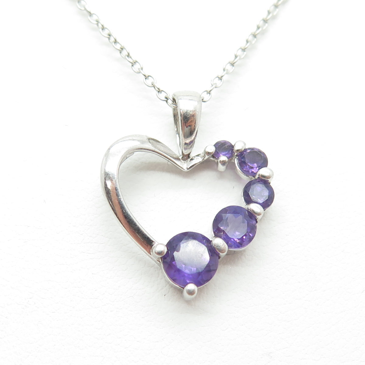 925 Sterling Silver Italy Real Amethyst Gem Open Heart Rolo Chain Necklace 18"