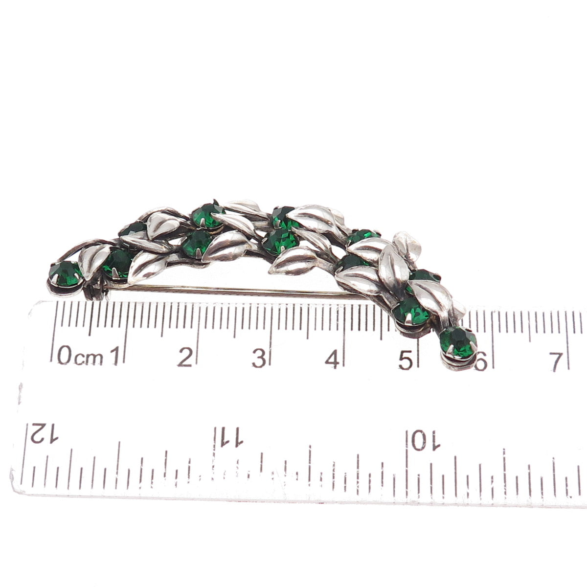 925 Sterling Silver Antique Art Deco Green Rhinestone Floral Pin Brooch