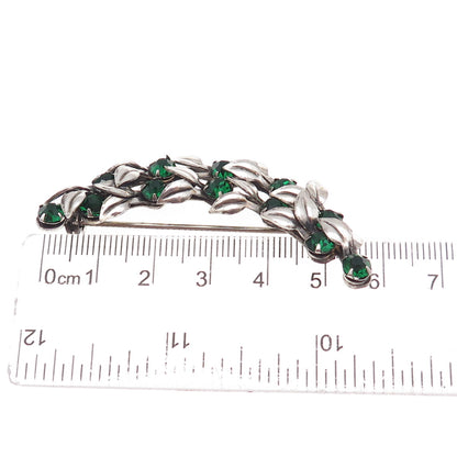 925 Sterling Silver Antique Art Deco Green Rhinestone Floral Pin Brooch