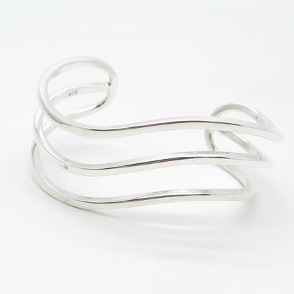 925 Sterling Silver Vintage Wavy Adjustable Cuff Bracelet 6.5"
