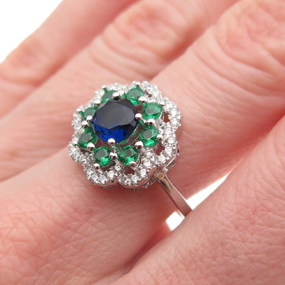 925 Sterling Silver Round-Cut Blue Green & White C Z Floral Ring Size 7.75