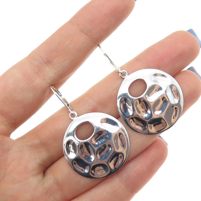 925 Sterling Silver Vintage Modernist Hammered Crescent Disc Dangle Earrings