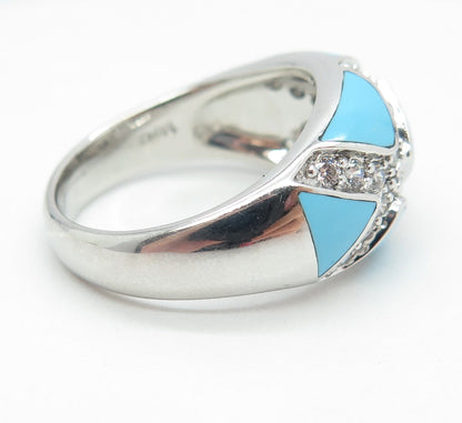 925 Sterling Silver Real Turquoise & Round-Cut C Z "X" Dome Ring Size 11