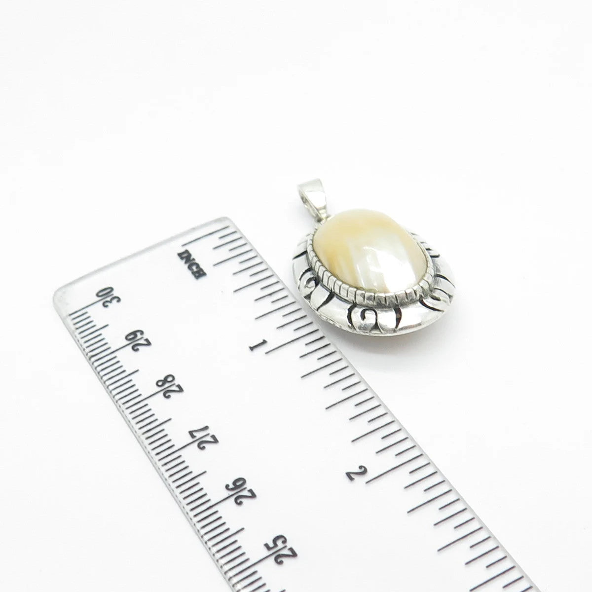 925 Sterling Silver Vintage Mexico Real Mother-of-Pearl Ornate Oval Pendant