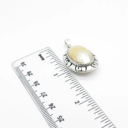 925 Sterling Silver Vintage Mexico Real Mother-of-Pearl Ornate Oval Pendant