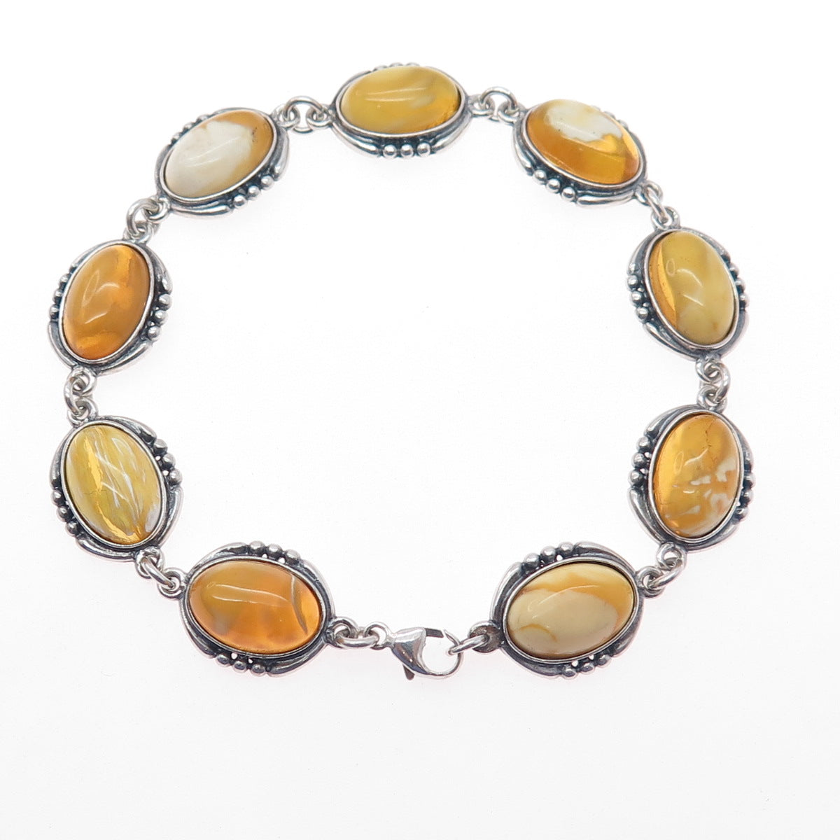 925 Sterling Vintage Real Scottish Egg Yolk Amber Modernist Bracelet 7.25"