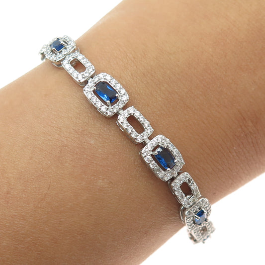 925 Sterling Silver Cushion Baguette & Round-Cut Blue White C Z Bracelet 7.25"