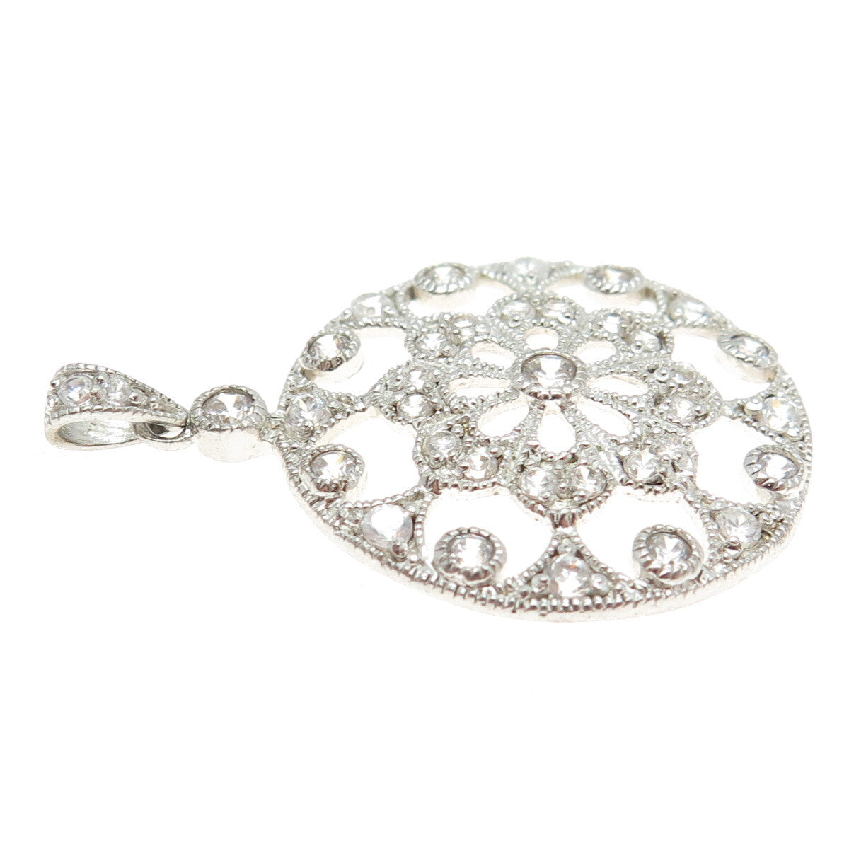 925 Sterling Silver Round-Cut C Z Flower Ornate Pendant