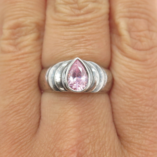 925 Sterling Silver Vintage Pear-Cut Pink C Z Modernist Ring Size 7.25