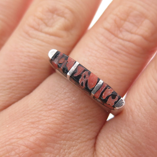 DOUG PAULUS Sterling Silver Vintage Real Coral Inlay Modernist Ring Size 7.75