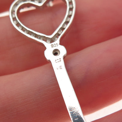 925 Sterling Silver Round-Cut C Z Heart Key Charm Pendant
