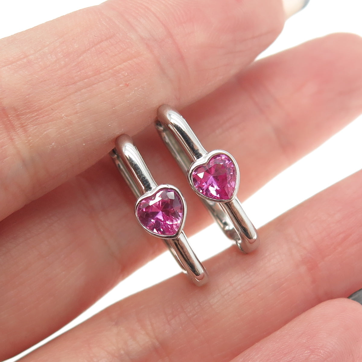 925 Sterling Silver Lab-Created Pink Sapphire Heart Paperclip Hoop Earrings