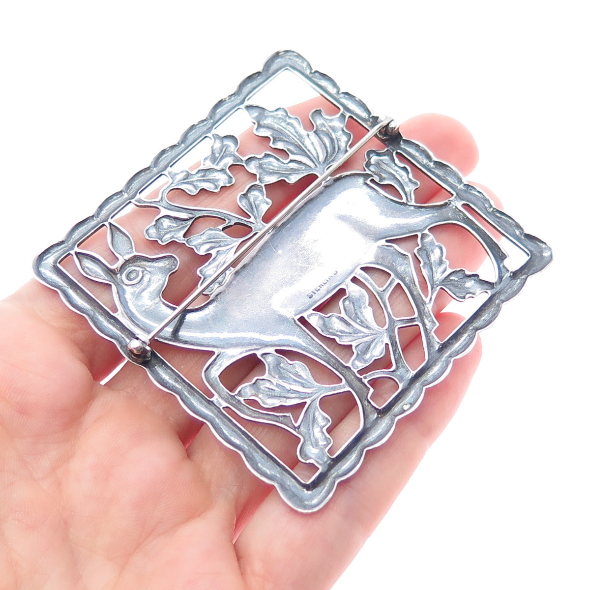 925 Sterling Silver Vintage Modernist Deer Floral Oxidized Pin Brooch