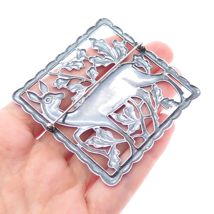 925 Sterling Silver Vintage Modernist Deer Floral Oxidized Pin Brooch