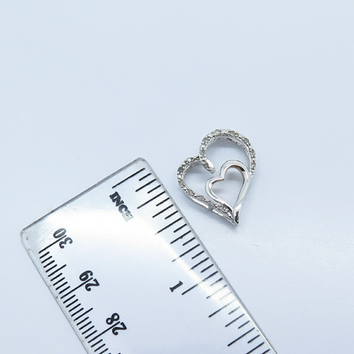 925 Sterling Silver Real White Diamond Open Double Heart Slide Pendant