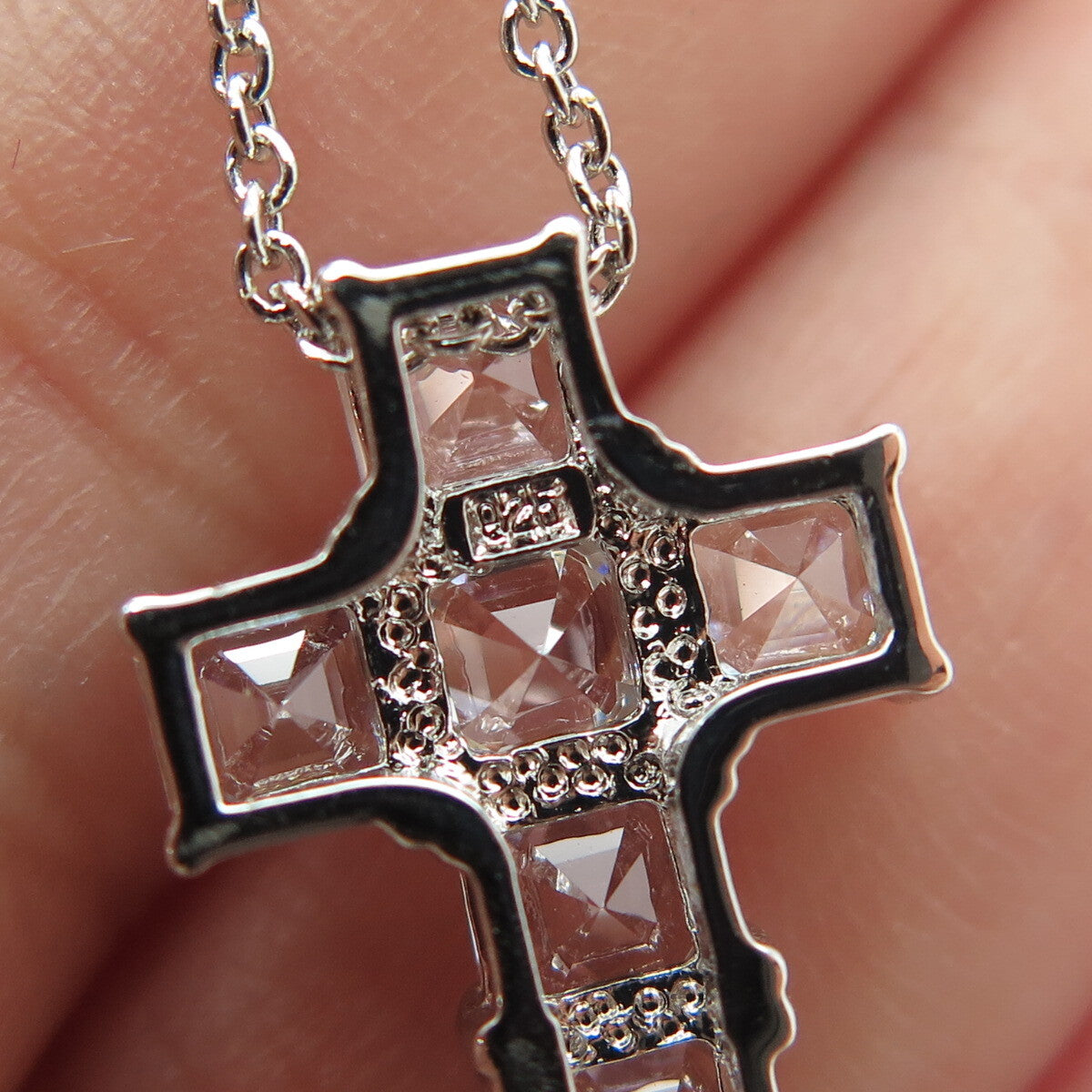 925 Sterling Silver Italy Asscher-Cut C Z Cross Cable Chain Necklace 16-18"