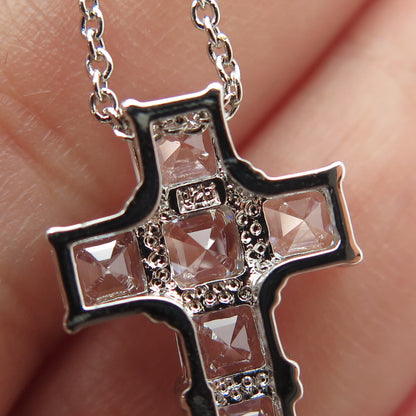 925 Sterling Silver Italy Asscher-Cut C Z Cross Cable Chain Necklace 16-18"