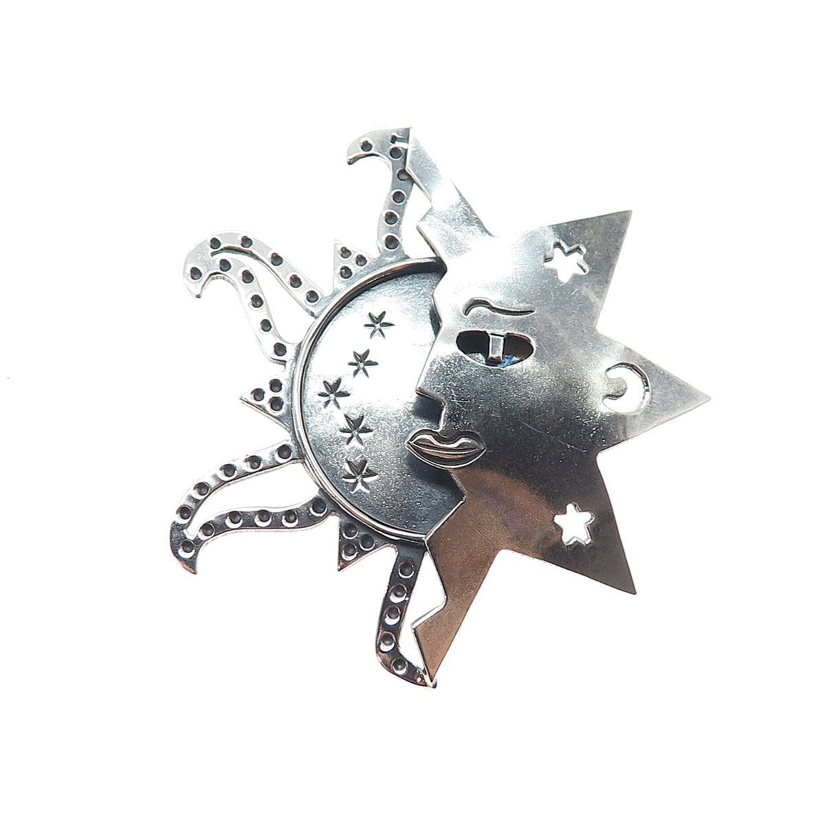 925 Sterling Silver Vintage Mexico Eclipse Sun & Moon Oxidized Pin Brooch