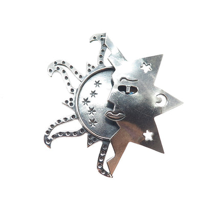 925 Sterling Silver Vintage Mexico Eclipse Sun & Moon Oxidized Pin Brooch