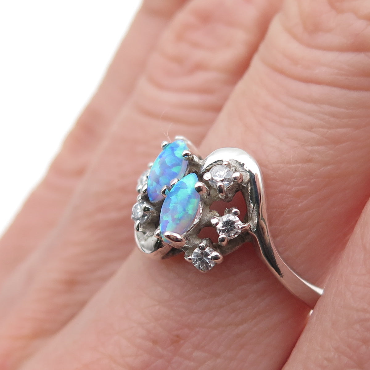 925 Sterling Silver Real Opal & C Z Ring Size 6.25