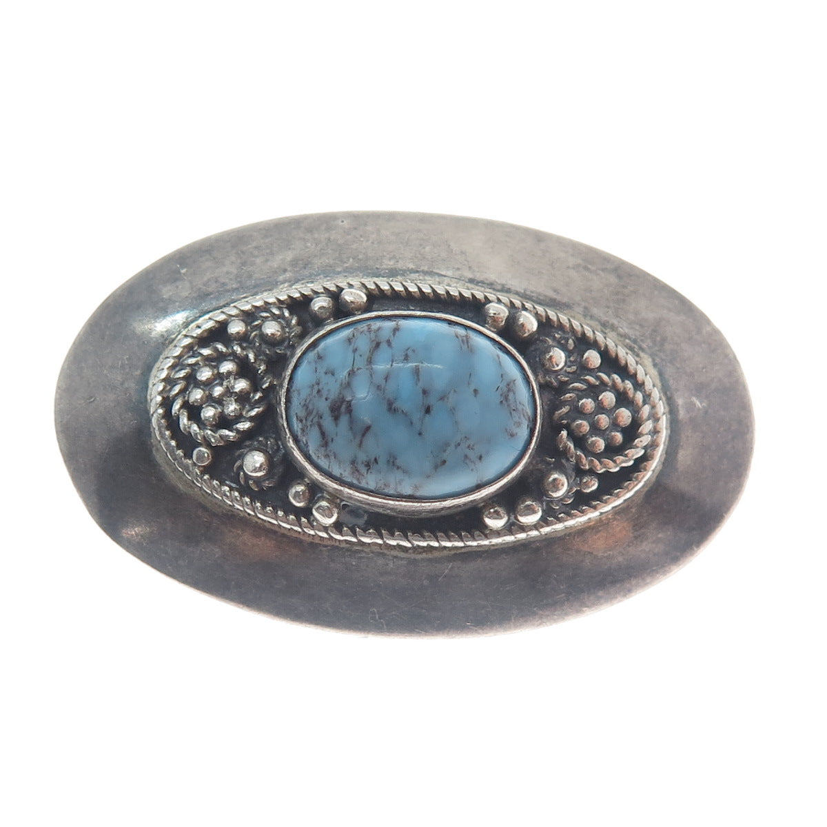 935 Silver Vintage Israel Faux Turquoise Beaded Oxidized Oval Pin Brooch