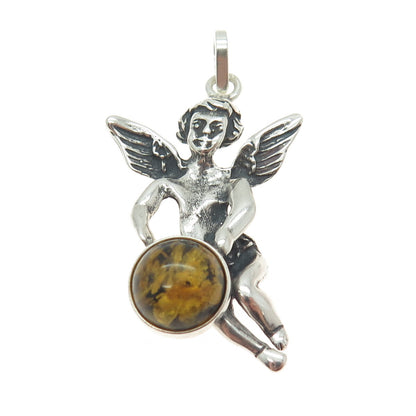 925 Sterling Silver Vintage Real Baltic Amber Angel Pendant