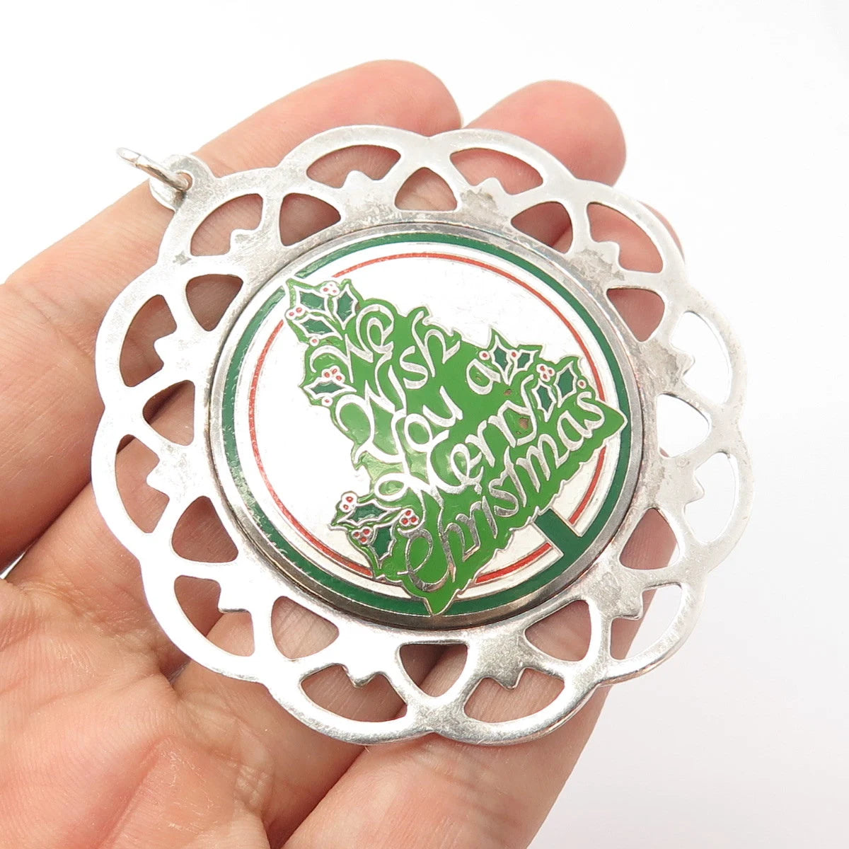 925 Sterling Silver Vintage Lunt 1981 Enamel Wish You A Merry Christmas Pendant