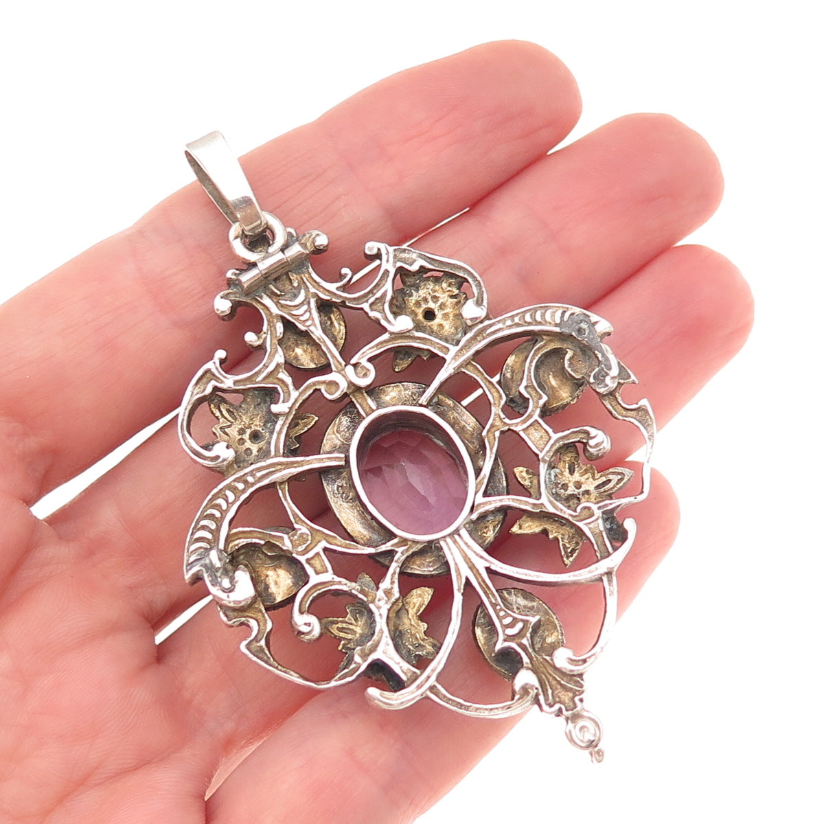 925 Sterling Silver Antique Victorian Real Amethyst & Pearl Oxidized Pendant